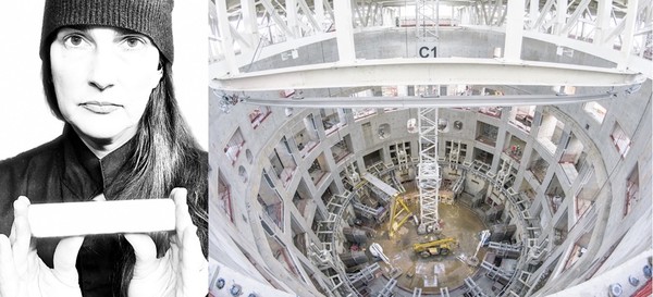 Left: Christine Corday with the metal ingot that forms the basis of Sans Titre. Courtesy Corday Studio 2020.Right: Detail of ITER (International Thermonuclear Experimental Reactor) in Saint-Paul-Lez-Durance, France.Courtesy ITER Organization.