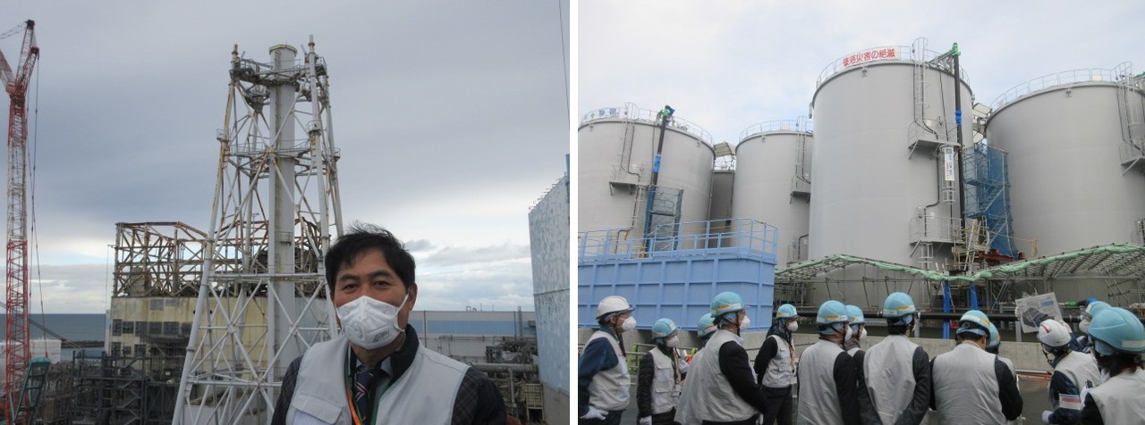 수소 폭발로 상부구조가 날아간 후쿠시마 제2원전 앞에서 기자가 서 있다. (사진 왼쪽), 사실과 과학네트웍 일행과 기자가 오염수가 담긴 1600여개 탱크 일부를 관찰하고 있다. (사진 오른쪽).    사진 = 원자력신문 